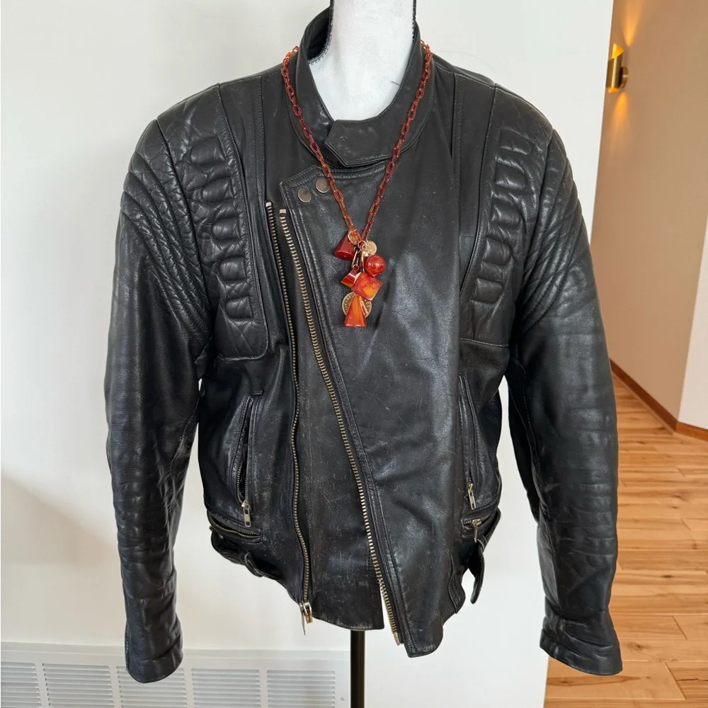 Black, painted back- leather motorcycle jacket - Picture 3 of 10